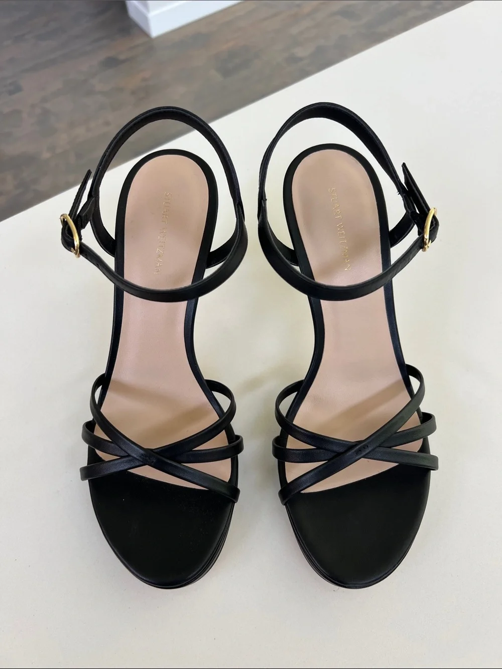 Stuart Weitzman starla 80 platform open toe sandals black leather heels 10